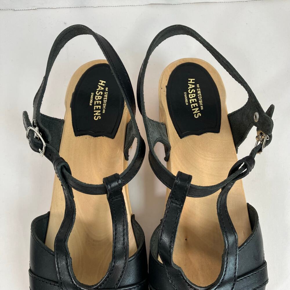 Swedish Hasbeens Ulla Low Sandals Size US 11 EU 41 Black Leather Wood Platform - Picture 5 of 16